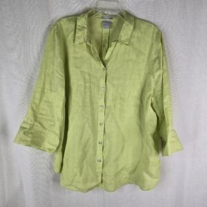 Chicos No Iron Linen Button Up Tunic Shirt Size 3 US XL Lime Green 3/4 Sleeves